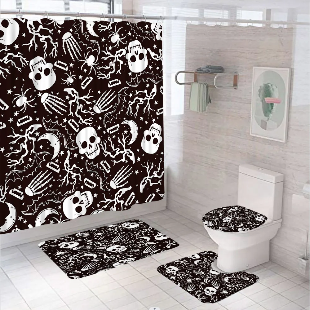 Shower Curtain Liner - 4-teiliges süßes Halloween-Duschvorhänge-Set, Badezimmer-Dekor, Totenkopf, Hand,