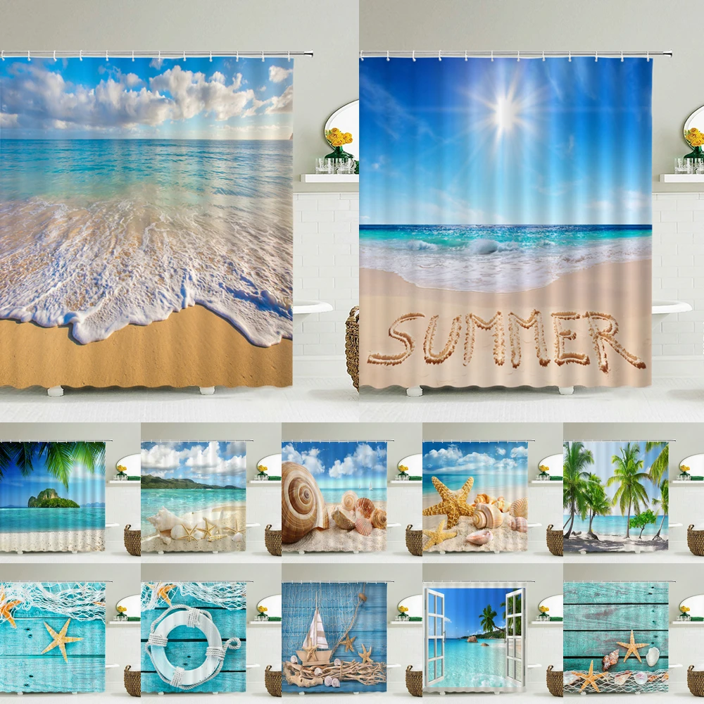Shower Curtain Liner - Meereslandschaft Strand Duschvorhänge Badezimmer Duschvorhang 3D