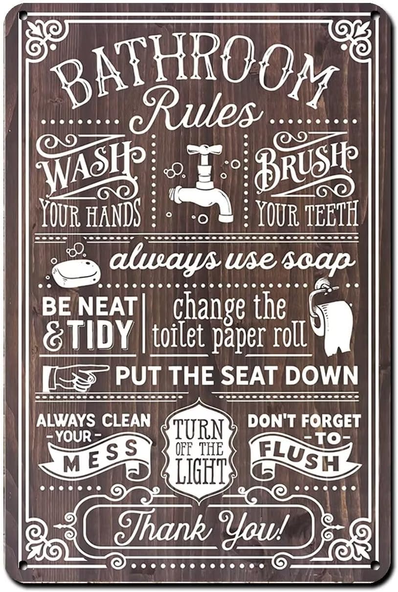 Home Bathroom Rules - Lustiges Vintage-Blechschild „Badezimmerregeln“ Vintage-Metallposter für Zuhause,