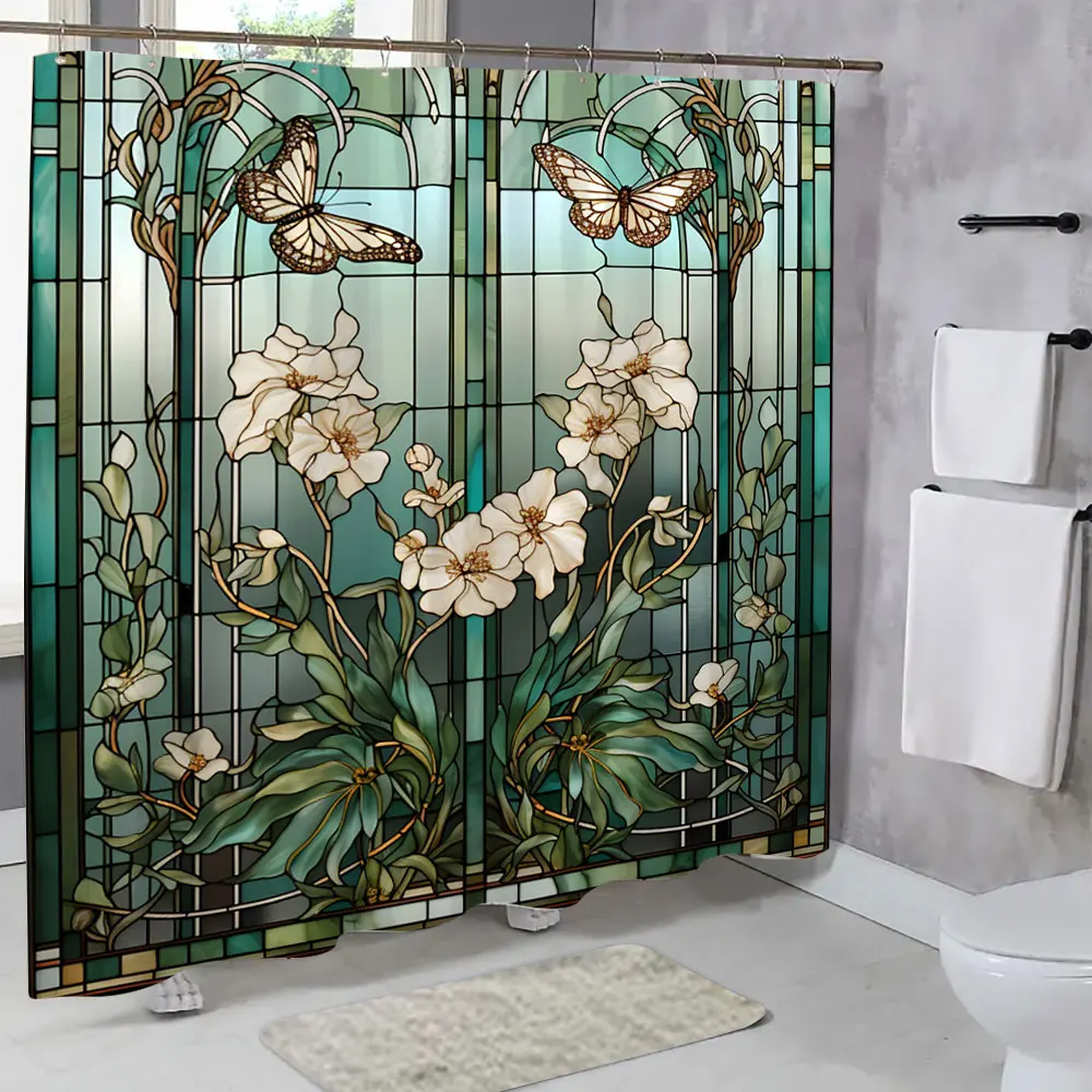 Shower Curtain Liner - Bunter Glas Wiese Blume Schmetterling Druck
