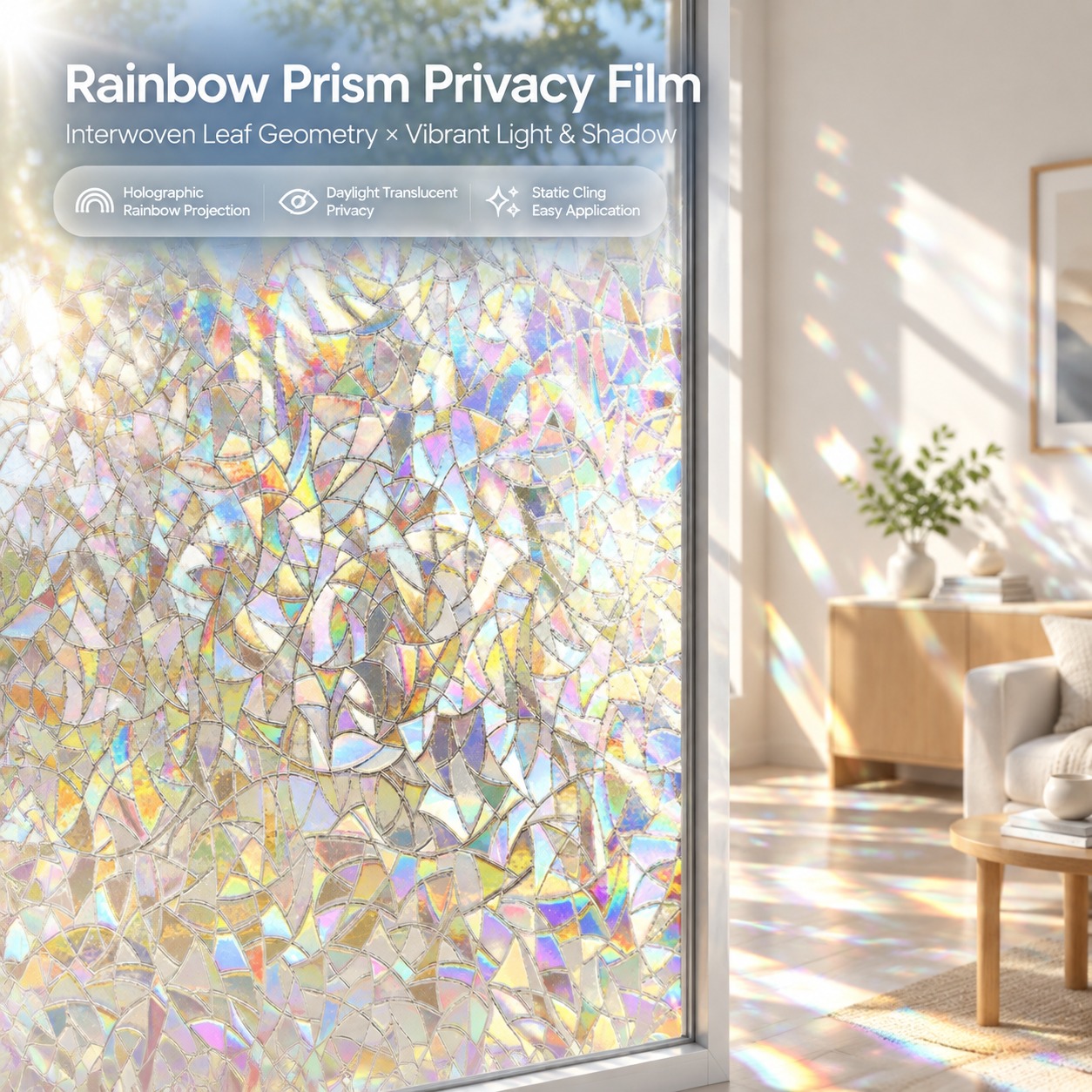 Home Bathroom Window Tint - Holografische Fensterfolie 3D-Mosaik-Prisma-Regenbogen-Sichtschutzfolie, statisch haftende Glasfolie