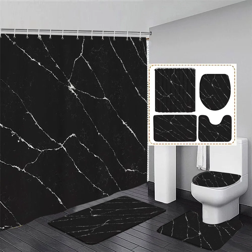 Shower Curtain Liner - Schwarzes Marmor-Duschvorhang-Set, weiße Linien, rissiges Muster,