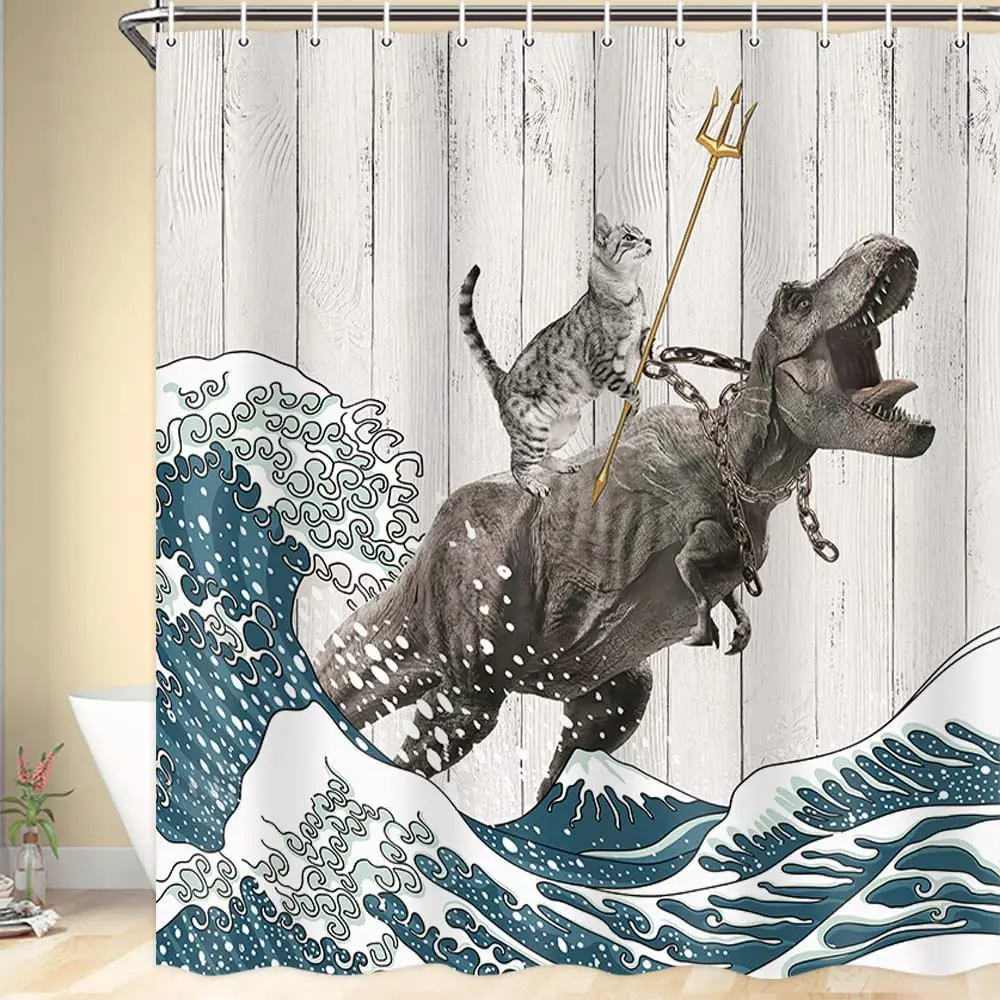 Shower Curtain Liner - Lustiger Katzen-Duschvorhang, coole Katze, Dinosaurier, japanische