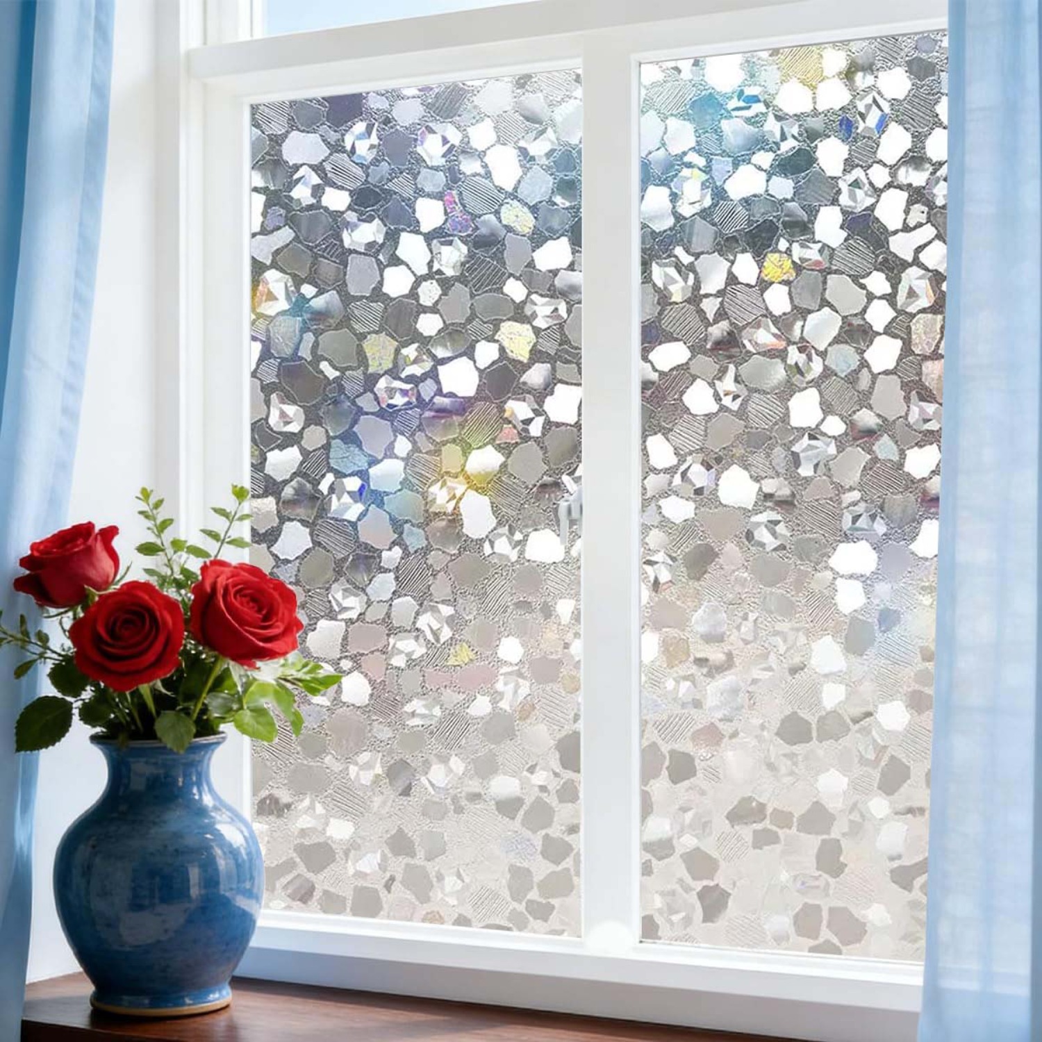 Home Bathroom Window Tint - Frosted-Glas-Fensteraufkleber, 3D-Regenbogen-Kieselstein-Design, nicht klebend, UV-beständig, abnehmbar,