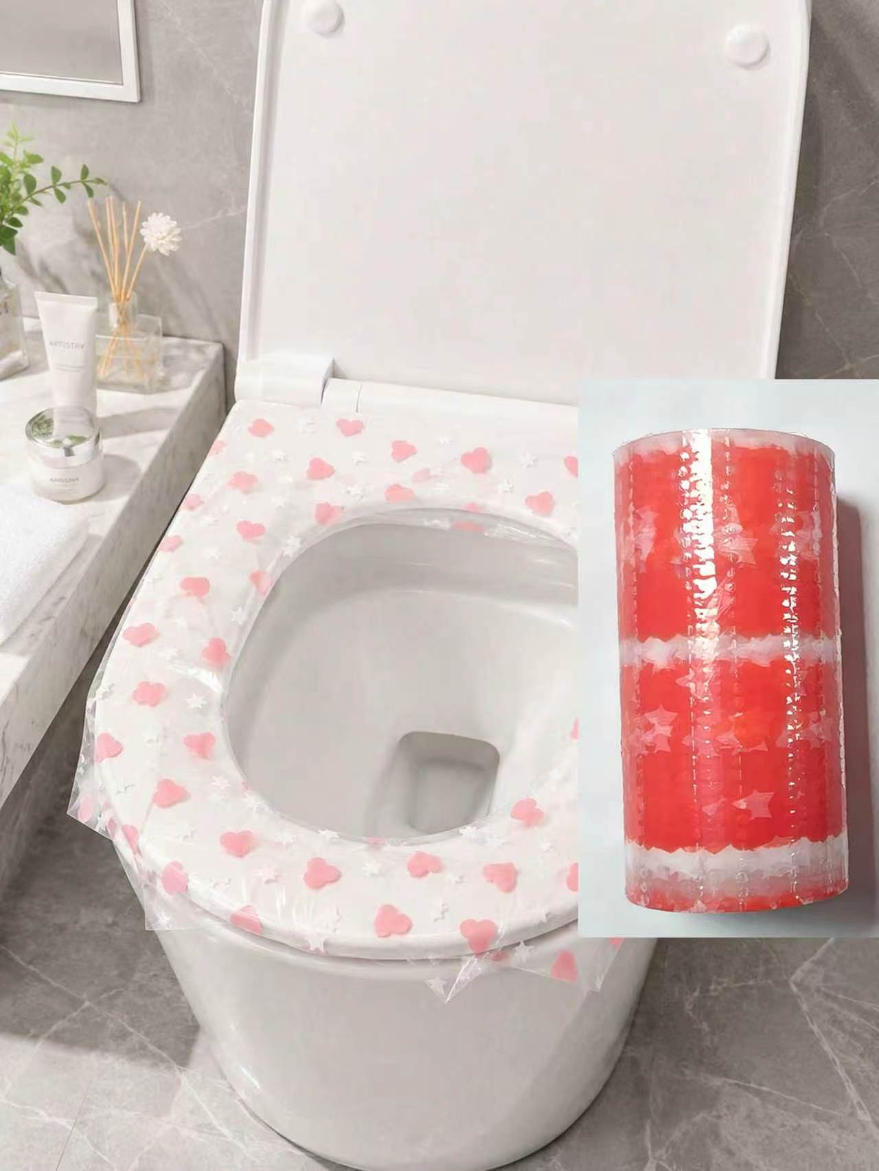 Home Bathroom Accessories - 133 Stück/Rolle Einweg-Toilettensitzbezüge, wasserdichte Toilettensitz-Schutzfolie, Herzmuster