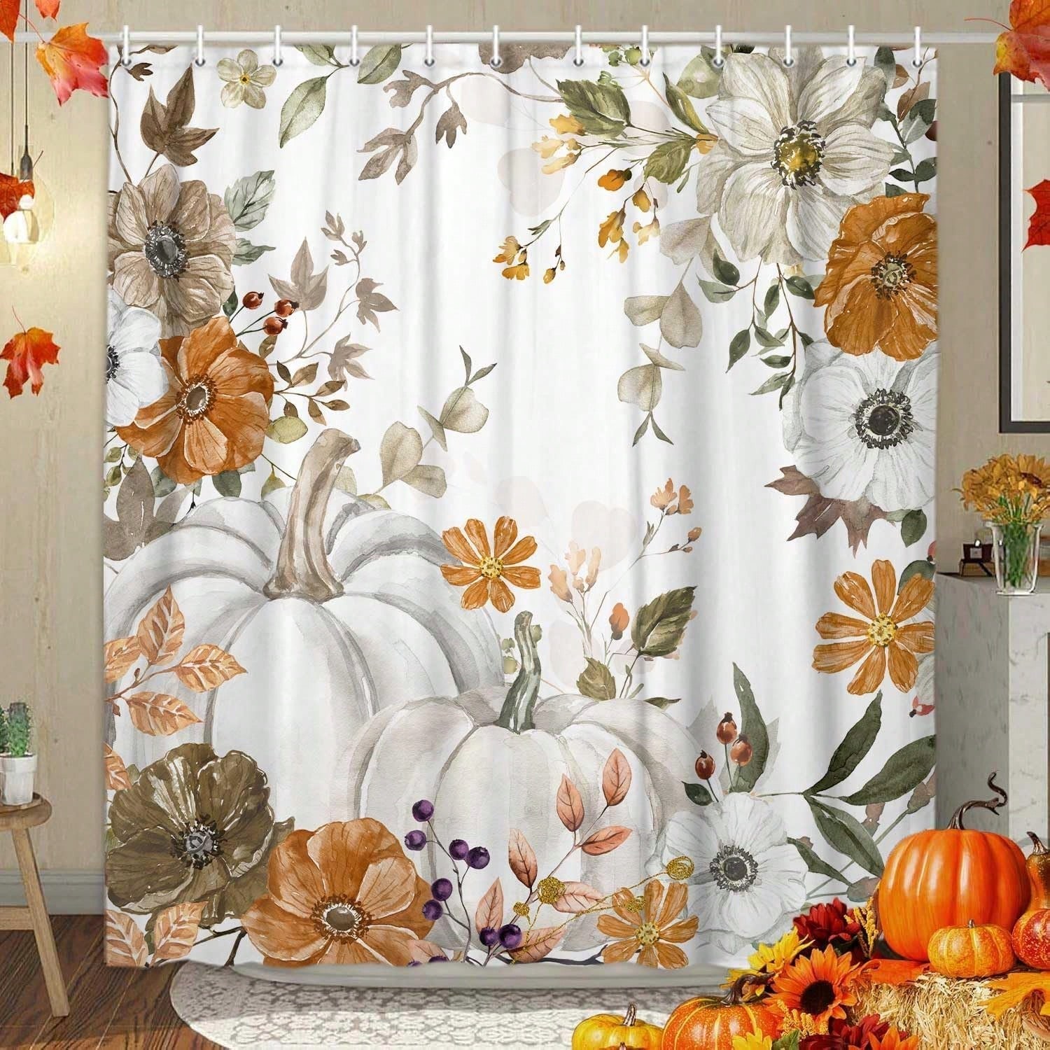 Home Essentials Bathroom Accessories - Herbst-Kürbis-Duschvorhang, Herbst-Eukalyptusblätter-Badezimmervorhänge, Duschset, Badezimmerzubehör, Erntedankfest-Duschvorhang-Sets, Badezimmerzubehör