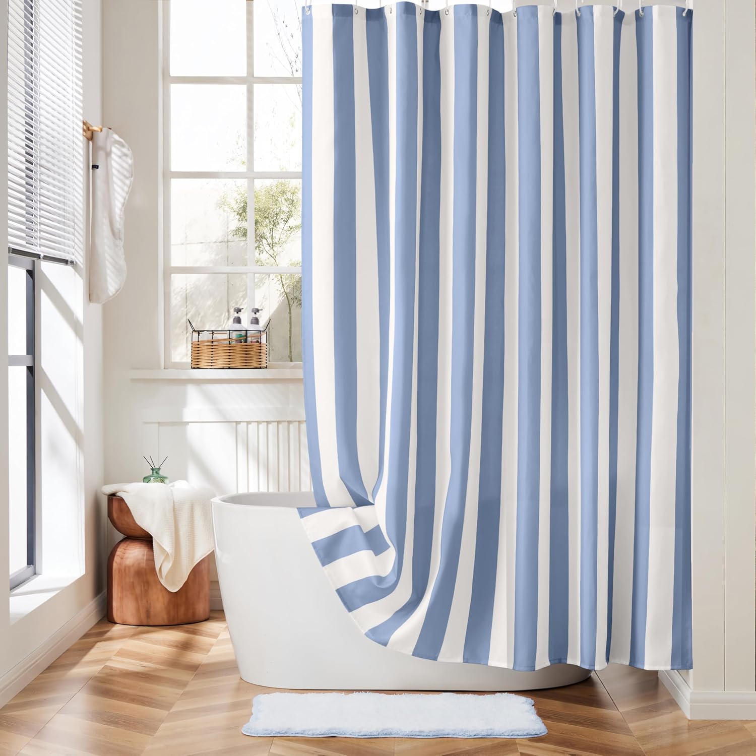 Shower Curtain Liner - Moderner Blau-Weiß Gestreifter Duschvorhang, Minimalistischer Wasserdichter